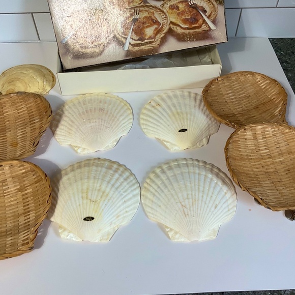 VTG Seafood for 4 shells scallop set rattan coasters forks for 4 - Picture 5 of 8